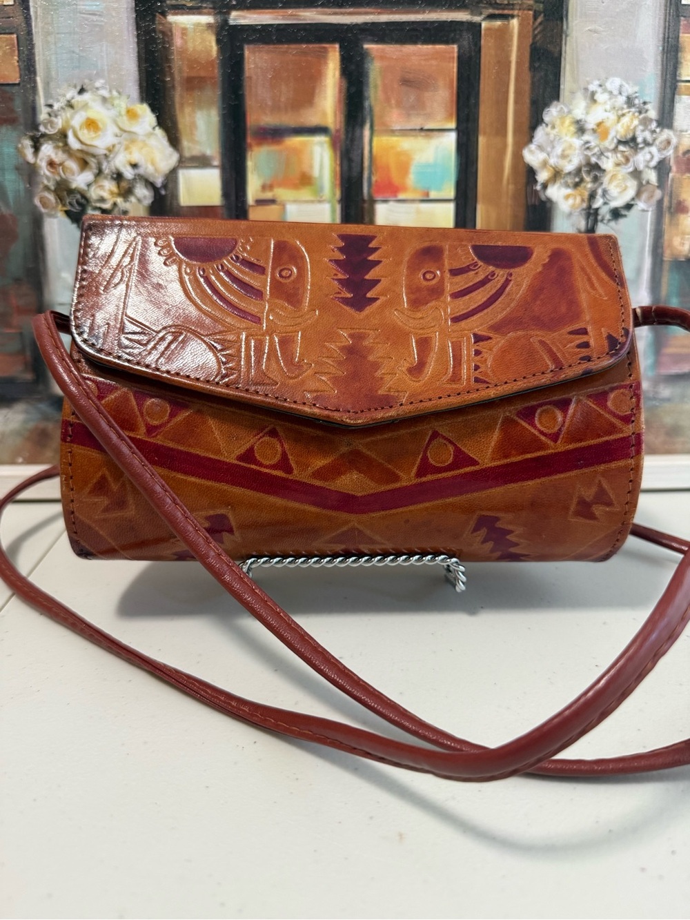 Non branded Leather Crossbody Bag in Brown and Red